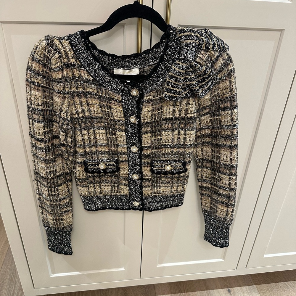 Loveshackfancy Chantria Tweed Boucle cropped cardigan with Black and gold - Picture 2 of 10